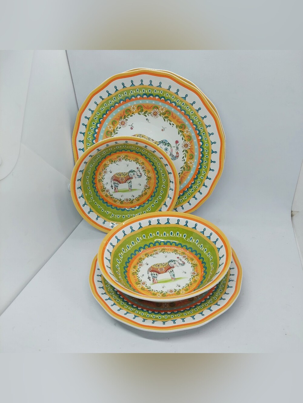 Rustico Melamine Dinner Salad Plates Bowls Elephant Multicolor Lot Of 6